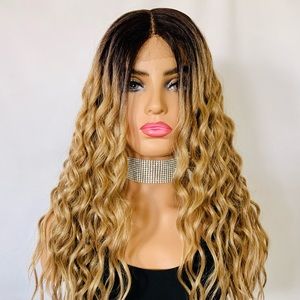 Long 26” Golden Brown Water Wave Premium Fiber Lace Front Wig